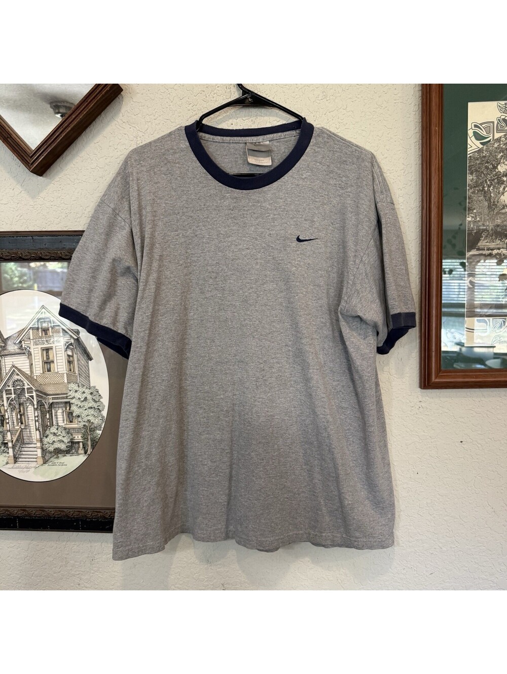 Vintage 90s/00s Nike Small Swoosh Grey Ringer Mens Sports Shirt Size Large